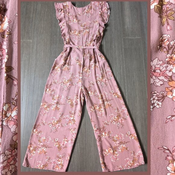 Xhilaration, Mauve Floral Cropped Jumpsuit with Ruffles, Vneck, Size S - Picture 6 of 14